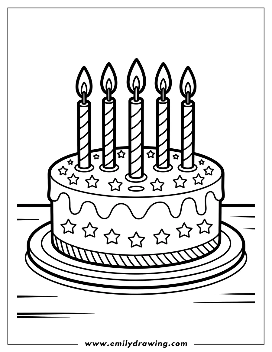 Outline of a birthday cake with five lit candles and star decorations, ready to be colored.