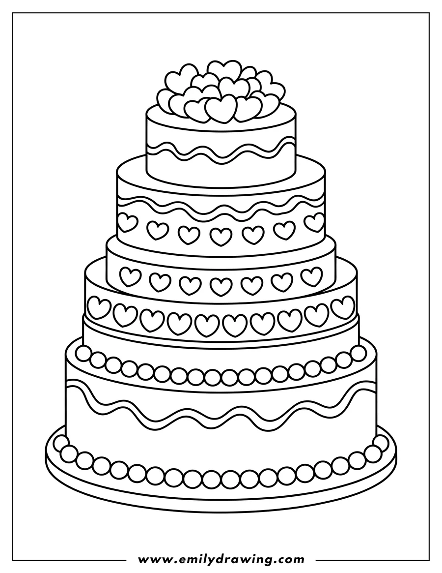 Outline of a four-tiered cake decorated with hearts and frosting.