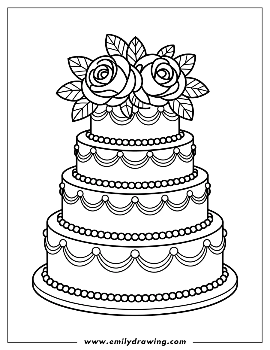 Outline of a four-layered cake decorated with two roses and leaves on top.