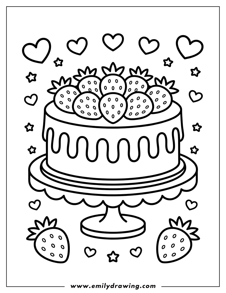 Outline of a cake topped with strawberries on a decorative stand. The background is decorated with small hearts and stars.