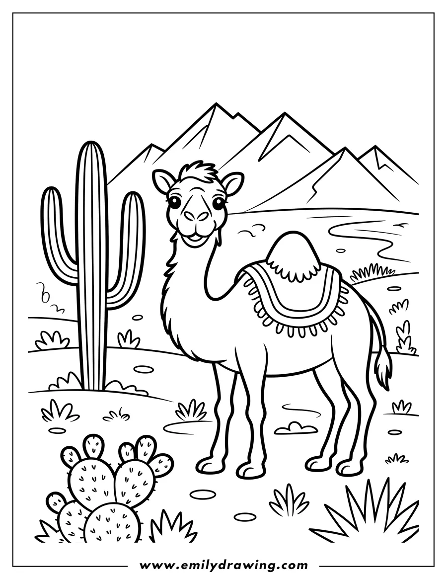Outline of a camel standing near a tall cactus in a desert landscape. Mountains are visible in the background.