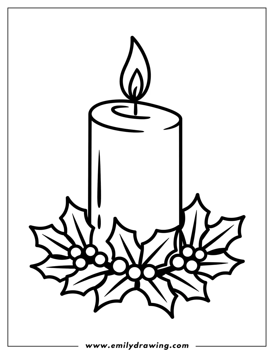 Outline of a lit candle with a holly wreath around its base.