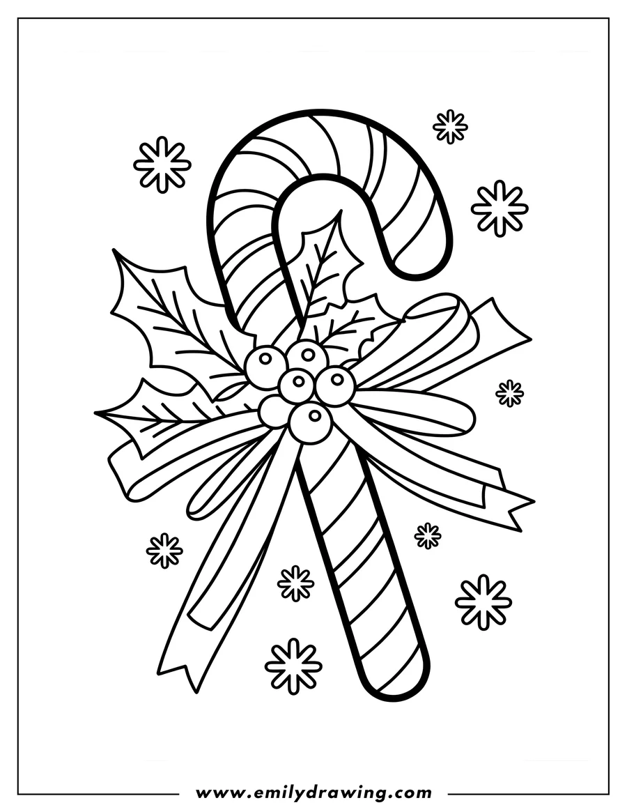 Outline of a candy cane decorated with holly leaves, berries, and a ribbon, surrounded by small snowflakes.