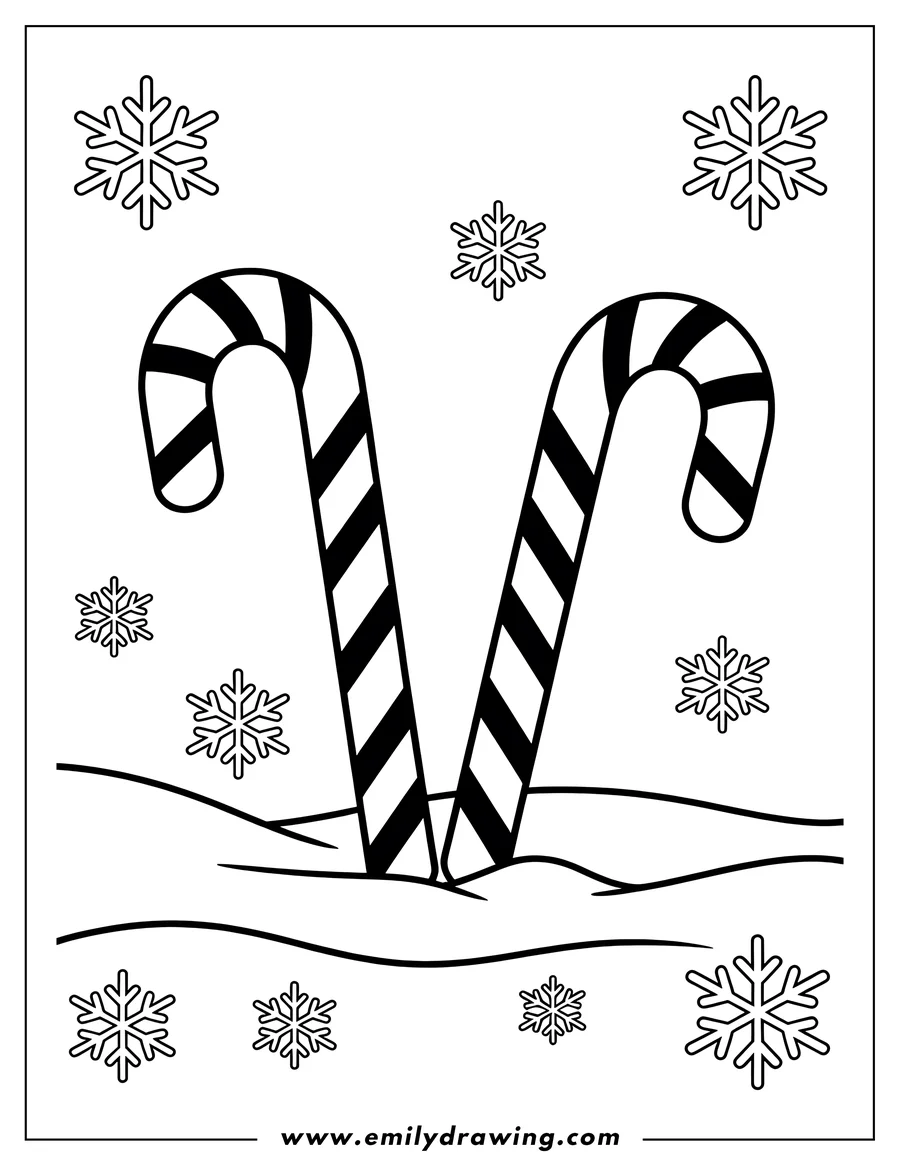Line art of two candy canes stuck in the snow with snowflakes falling around them.