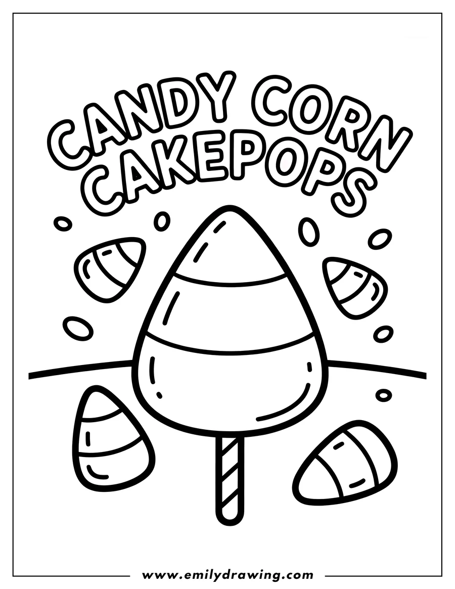 Line art of a candy corn cakepop with several small candy corns scattered around it.