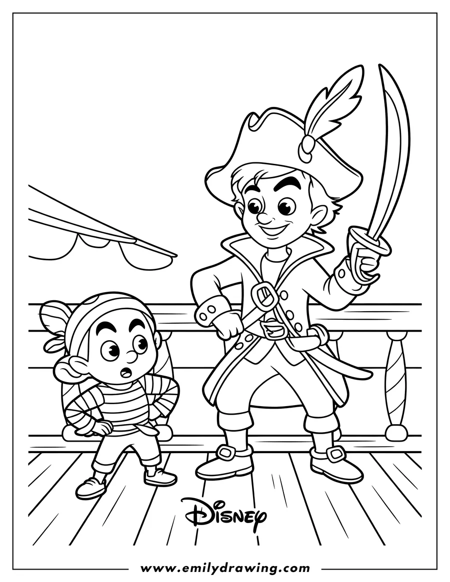 Line art of Captain Jake holding a sword, standing on the deck of a ship next to Cubby.