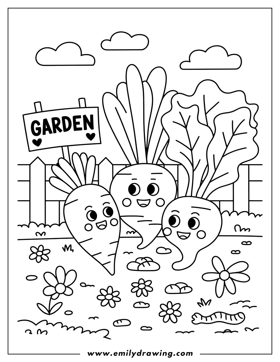 Outline of a carrot and a beet in a garden with a sign that says garden. Some flowers and a worm are also part of the scene.