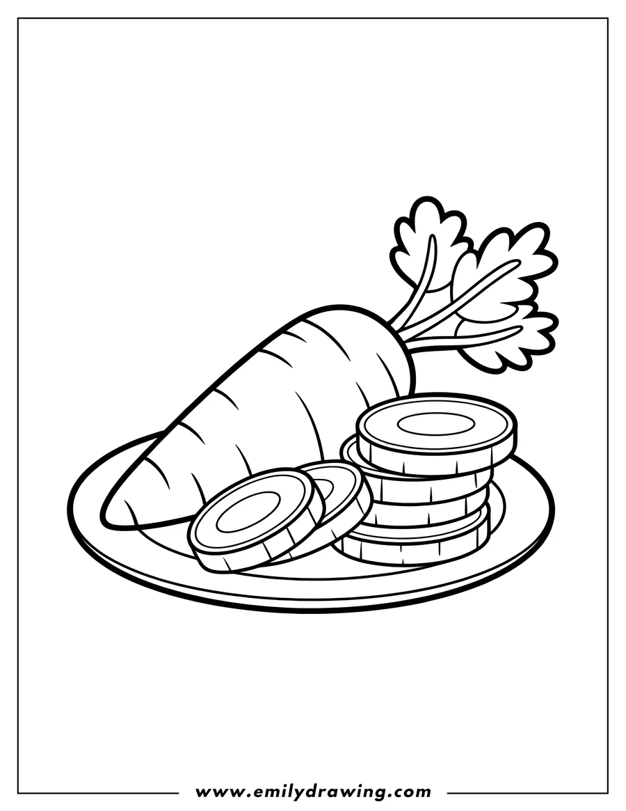 Line art of a whole carrot and sliced carrots on a plate.