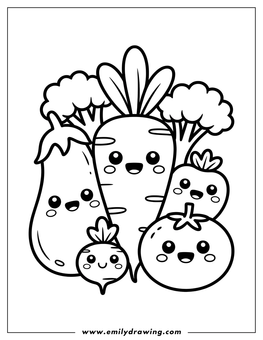 Outline drawing of a kawaii carrot surrounded by friendly vegetable companions, including a tomato, strawberry, beet, eggplant, and broccoli.