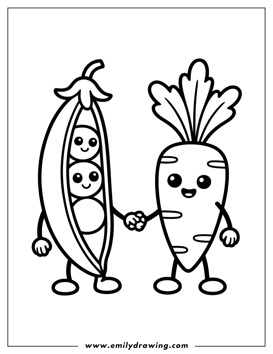 Outline of a carrot and peas holding hands. The carrot and peas have cute, smiling faces.