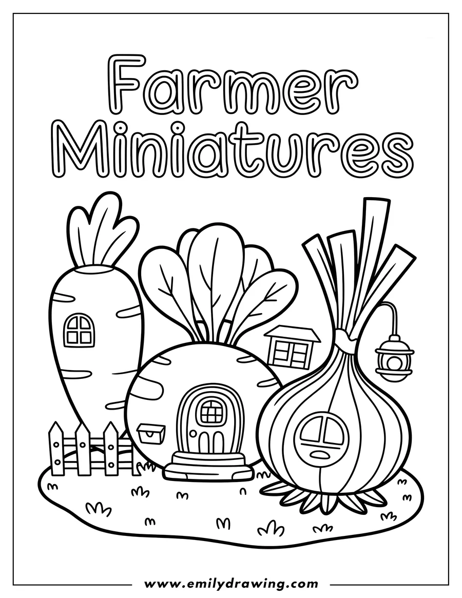 Line art of whimsical houses shaped like a carrot, a beet, and an onion on a grassy patch.