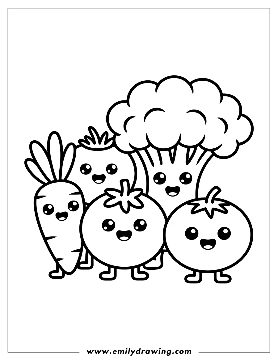 Line art of a carrot, broccoli, and two tomatoes with smiling faces and little feet.