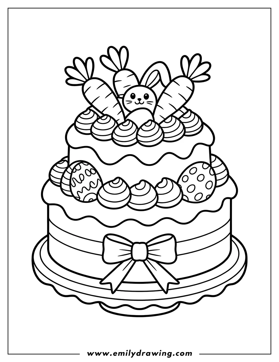 Outline of a two-layered carrot cake decorated with frosting, candies, cookies, carrots, and a small bunny peeking out from behind the carrots.