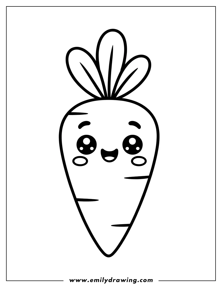 Line art of a smiling carrot with large, expressive eyes and leafy top.