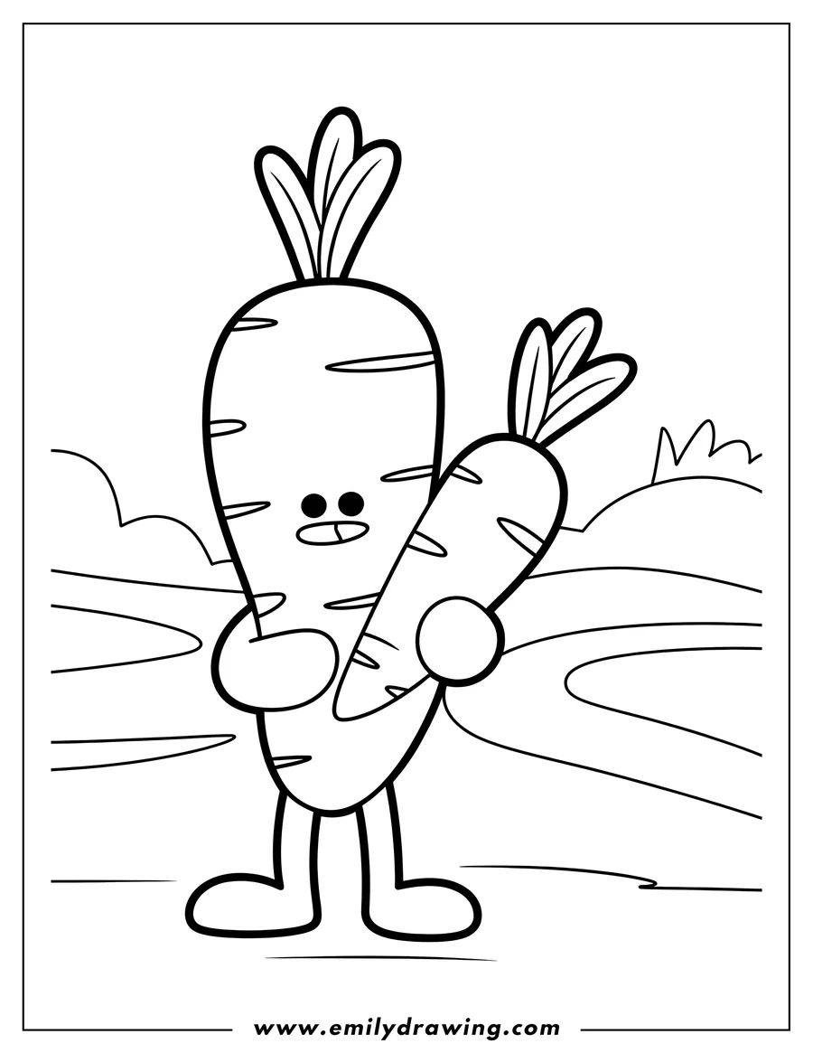 Outline of a cartoon carrot holding another smaller carrot in its arm, standing in a field.