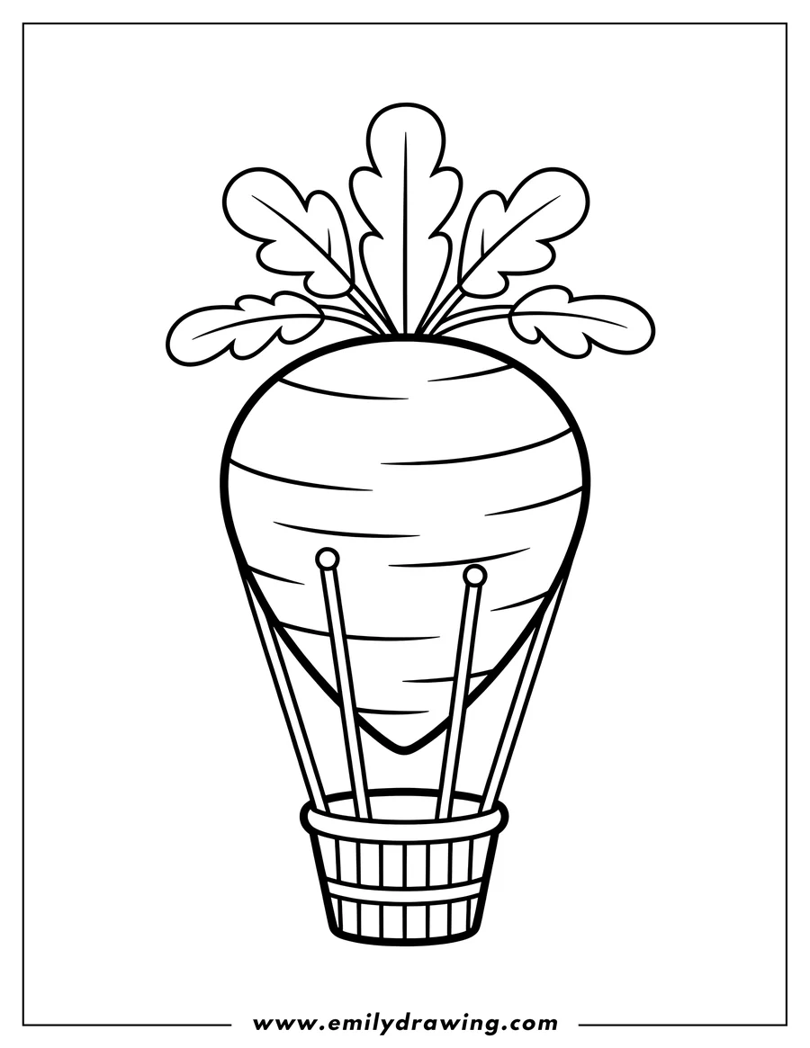 Outline of a carrot-shaped hot air balloon with a wicker basket.