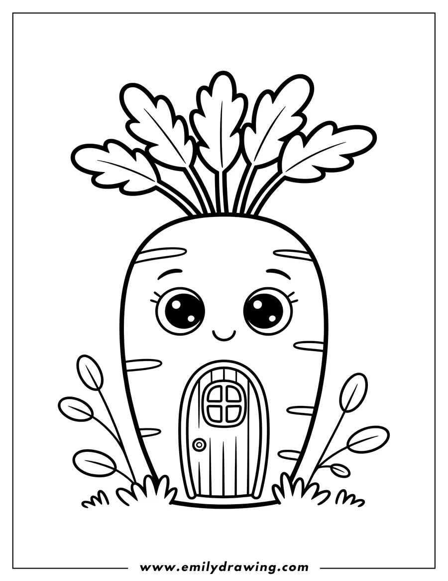 Line art of a carrot with a door and window, like a little house, surrounded by small plants and grass.