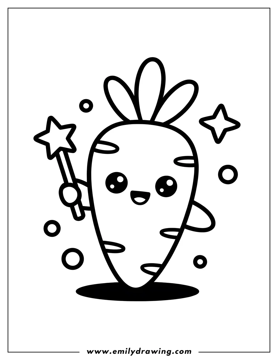 Outline of a happy carrot holding a star-topped magic wand, surrounded by small stars and circles.