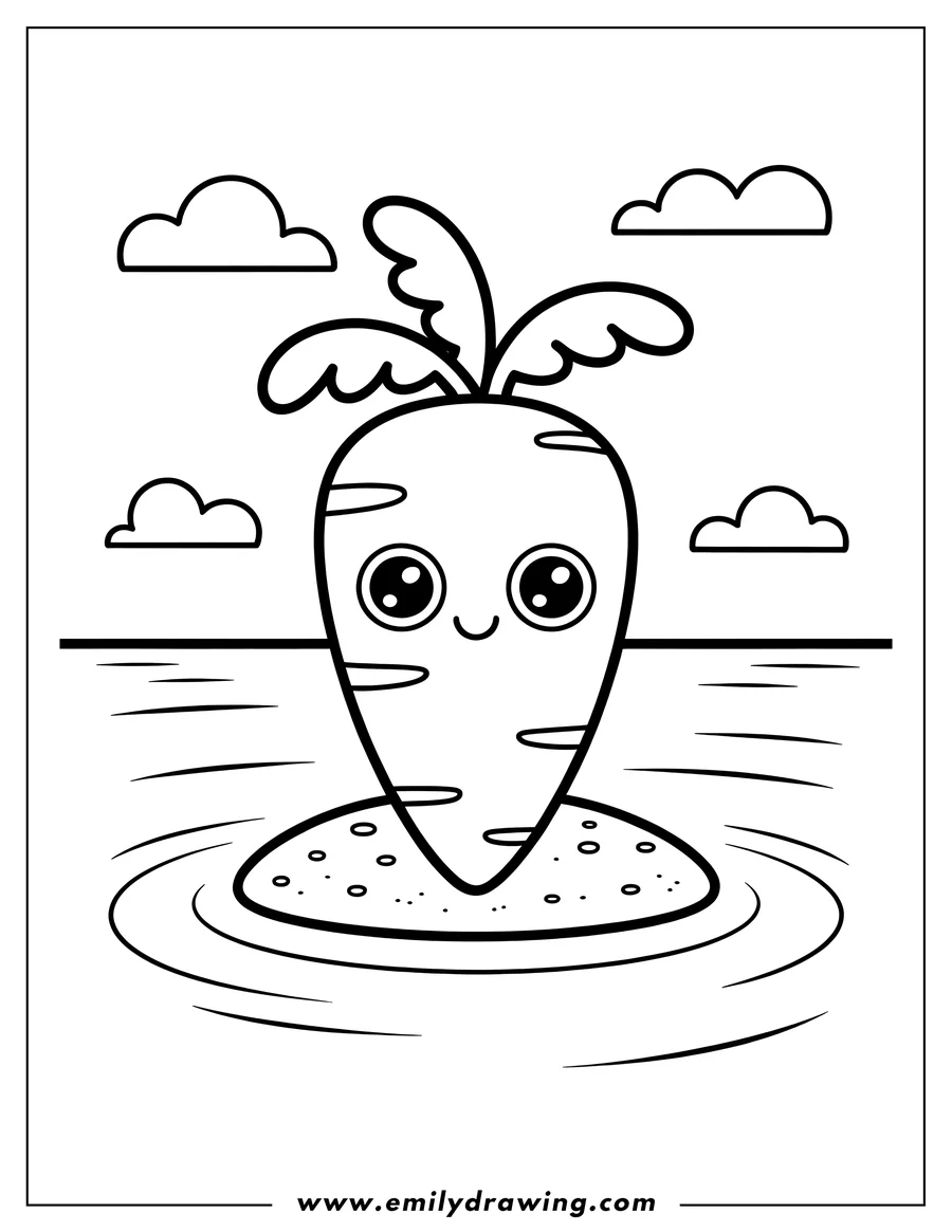 Outline of a cute, smiling carrot on a small island surrounded by water.  Fluffy clouds float in the sky above.