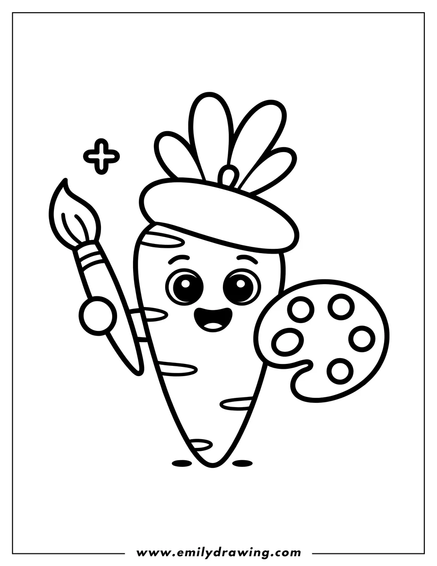 Outline of a carrot wearing a beret and holding a paintbrush and palette.