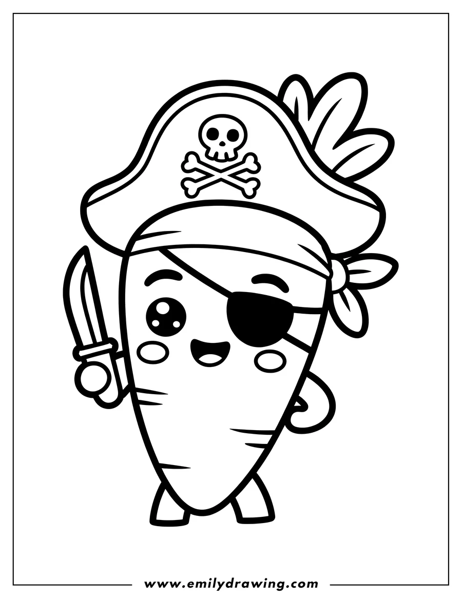Outline of a cheerful carrot dressed as a pirate, complete with a hat, eye patch, and a small knife.