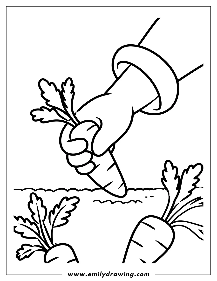 Outline of a hand planting a carrot in the ground, with two other carrots already growing.
