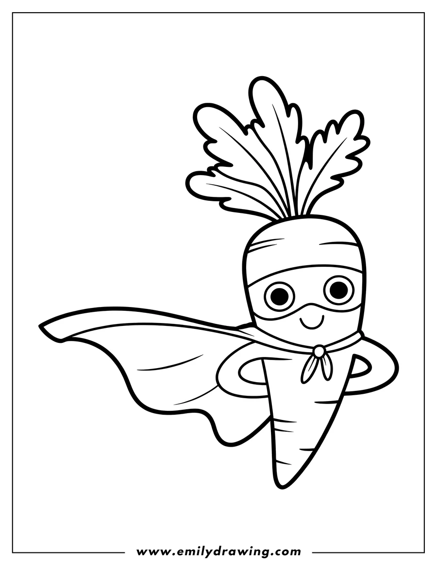 Outline of a carrot dressed as a superhero with a cape and mask.