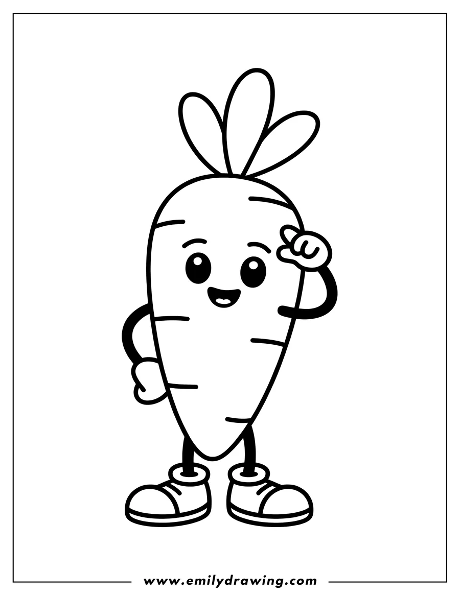 Line art of a cheerful carrot with sneakers, appearing to think with its hand on its head.
