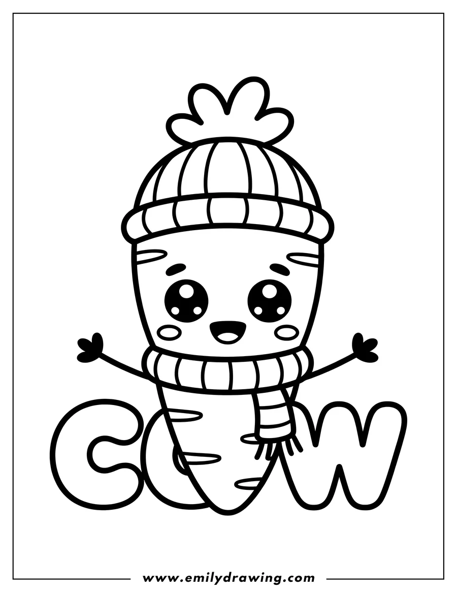 Outline of a cute carrot wearing a striped winter hat and scarf.