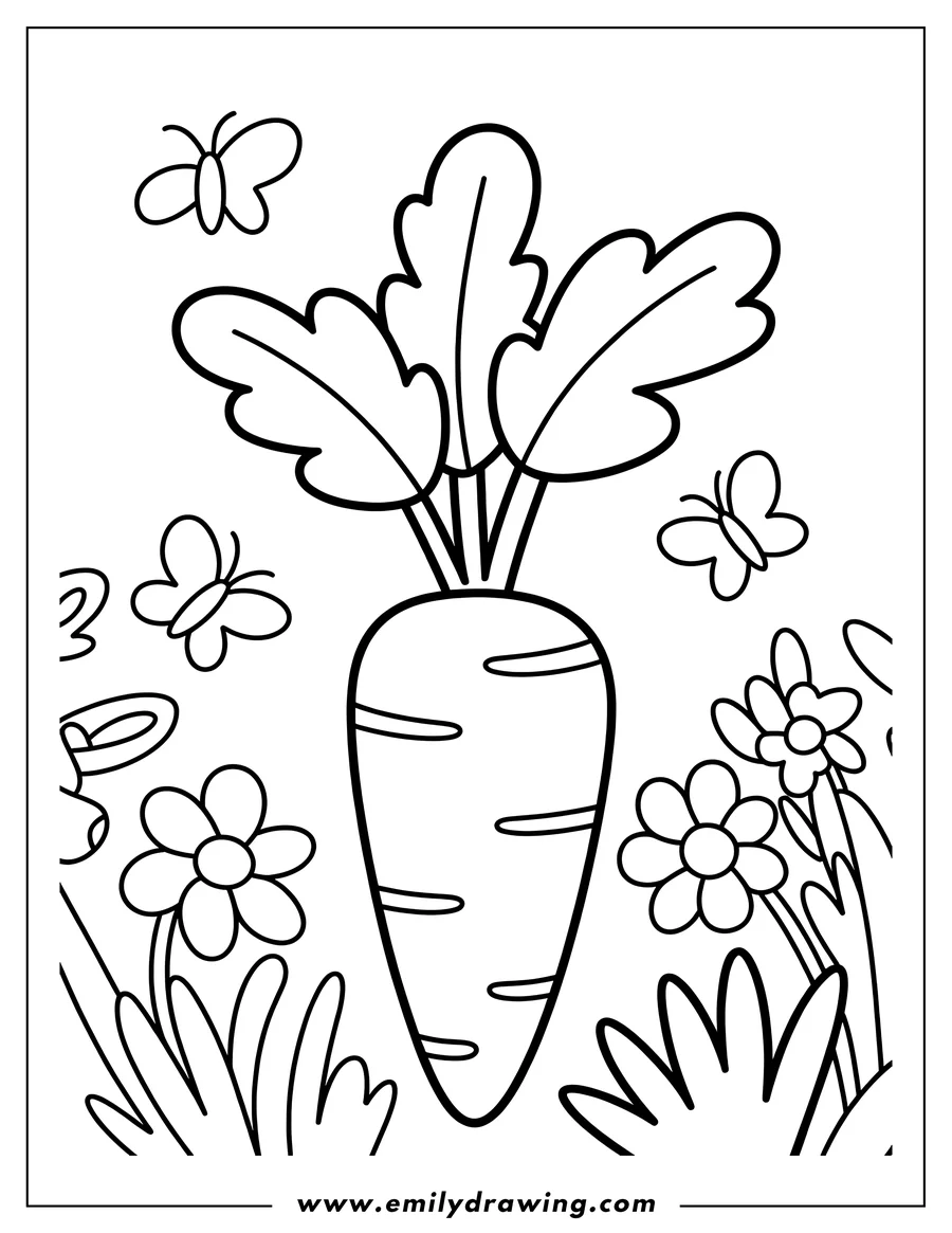 Line art of a large carrot surrounded by butterflies and flowers.