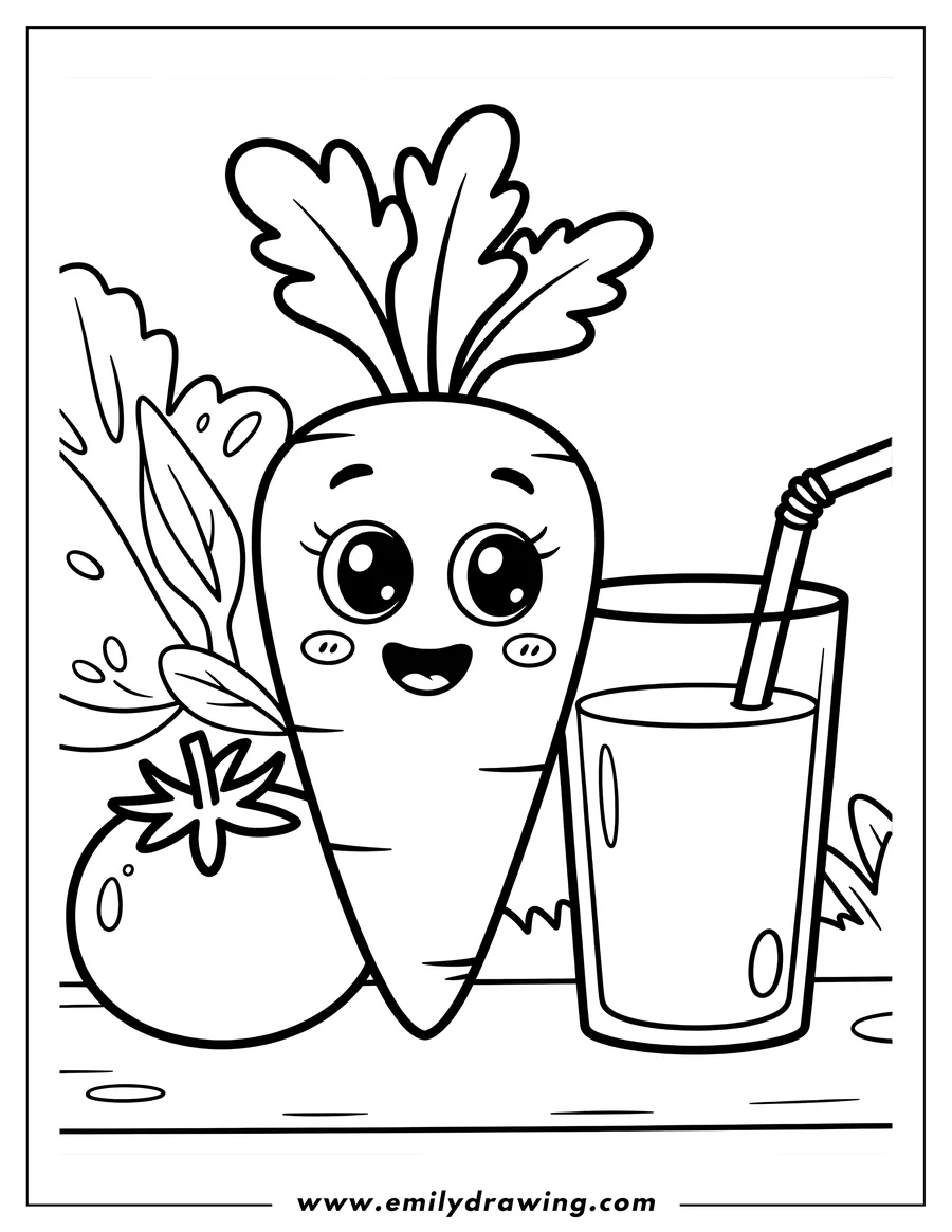 Line art of a cheerful carrot with a glass of carrot juice and a tomato. Perfect for a healthy snack coloring activity.