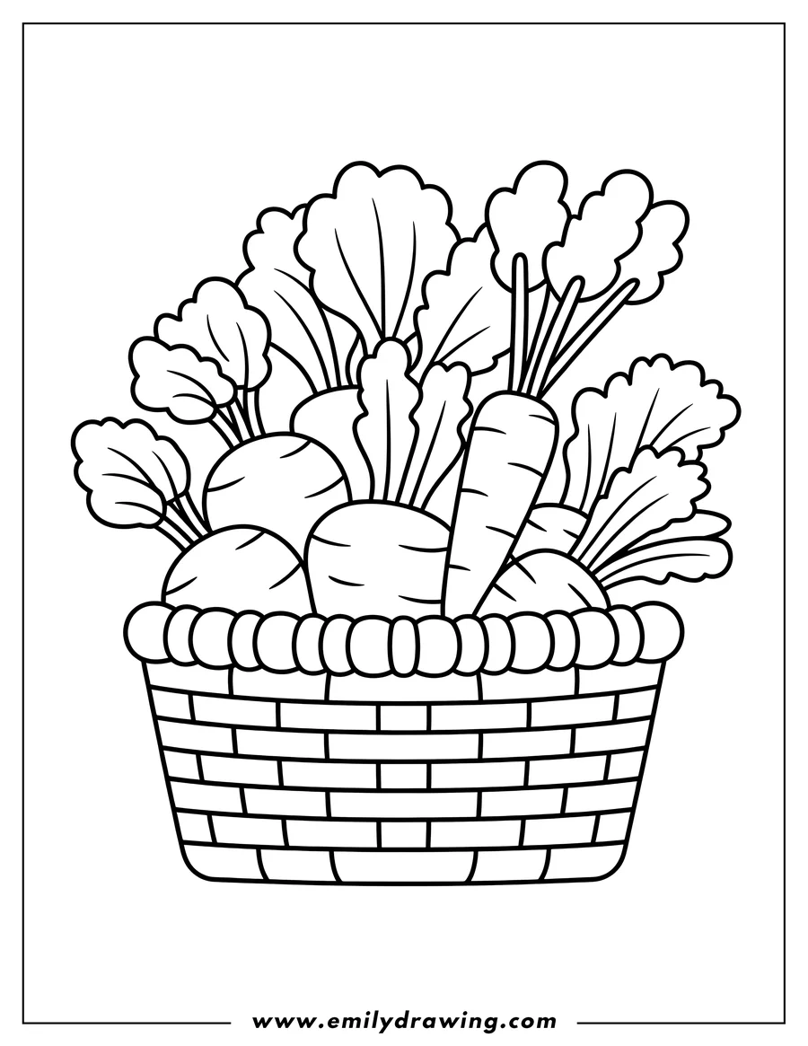 Outline of carrots and beets in a woven basket.  The carrots and beets have their leafy tops showing.