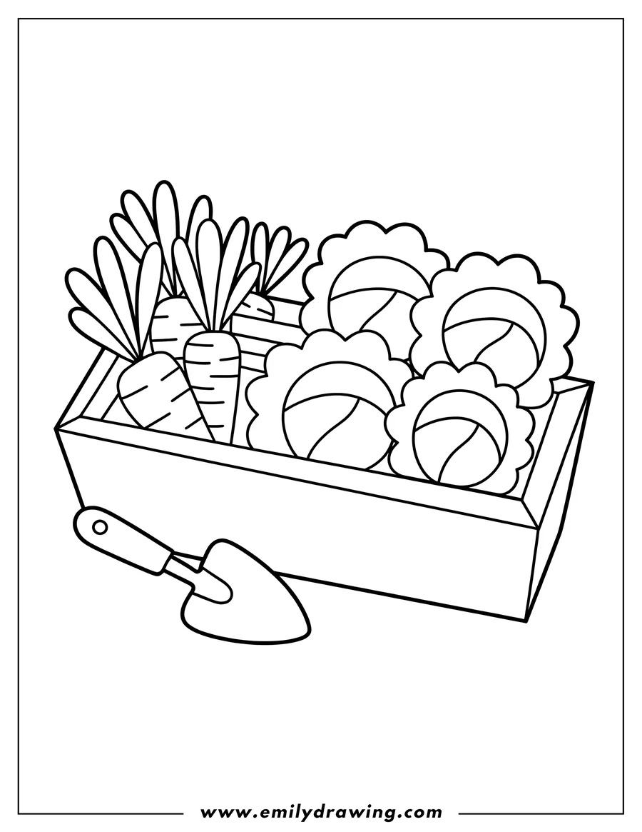 Outline of carrots and cabbages in a wooden crate with a small gardening trowel beside it.