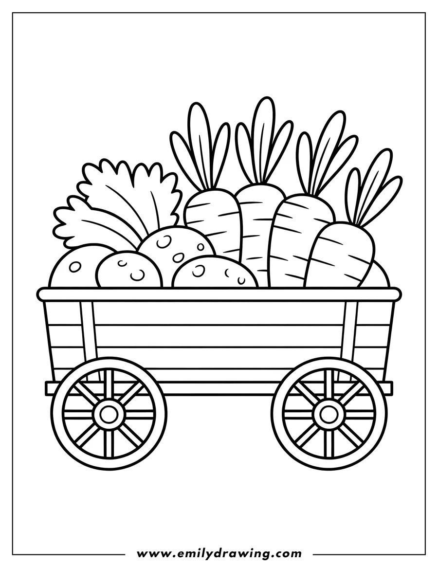 Line art of carrots and potatoes in a wooden wagon. The wagon has two large wheels.