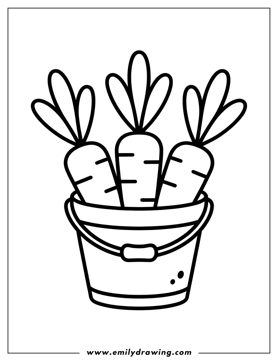 Outline of three carrots in a bucket. The carrots have simple lines to indicate their texture and leafy tops.