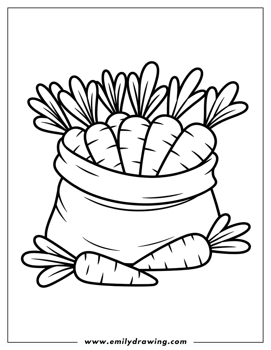 Outline of carrots in a burlap sack, with two more carrots lying beside it.