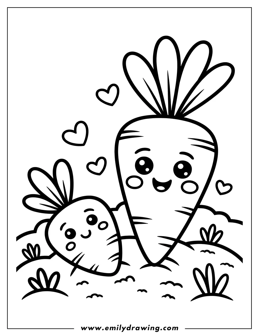 Two carrots in a garden with hearts floating around them.