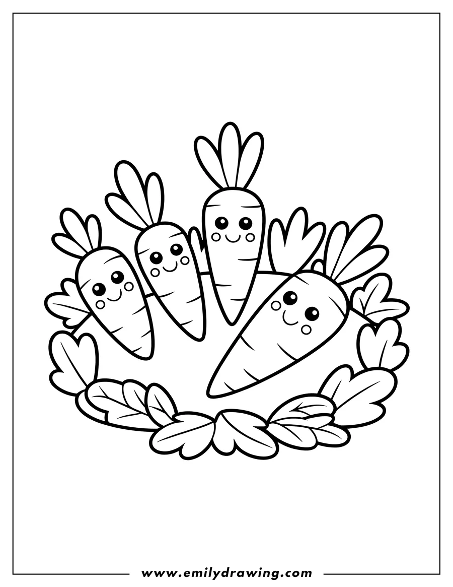 Outline of three smiling carrots in a patch of leaves.