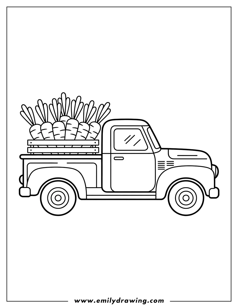 Outline of a vintage truck carrying a crate of carrots.