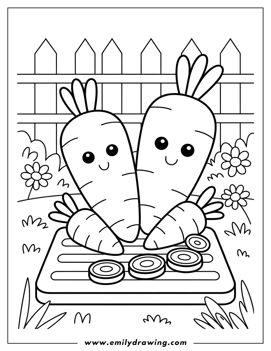 Two smiling carrots on a cutting board with some carrot slices, and a picket fence and flowers in the background.