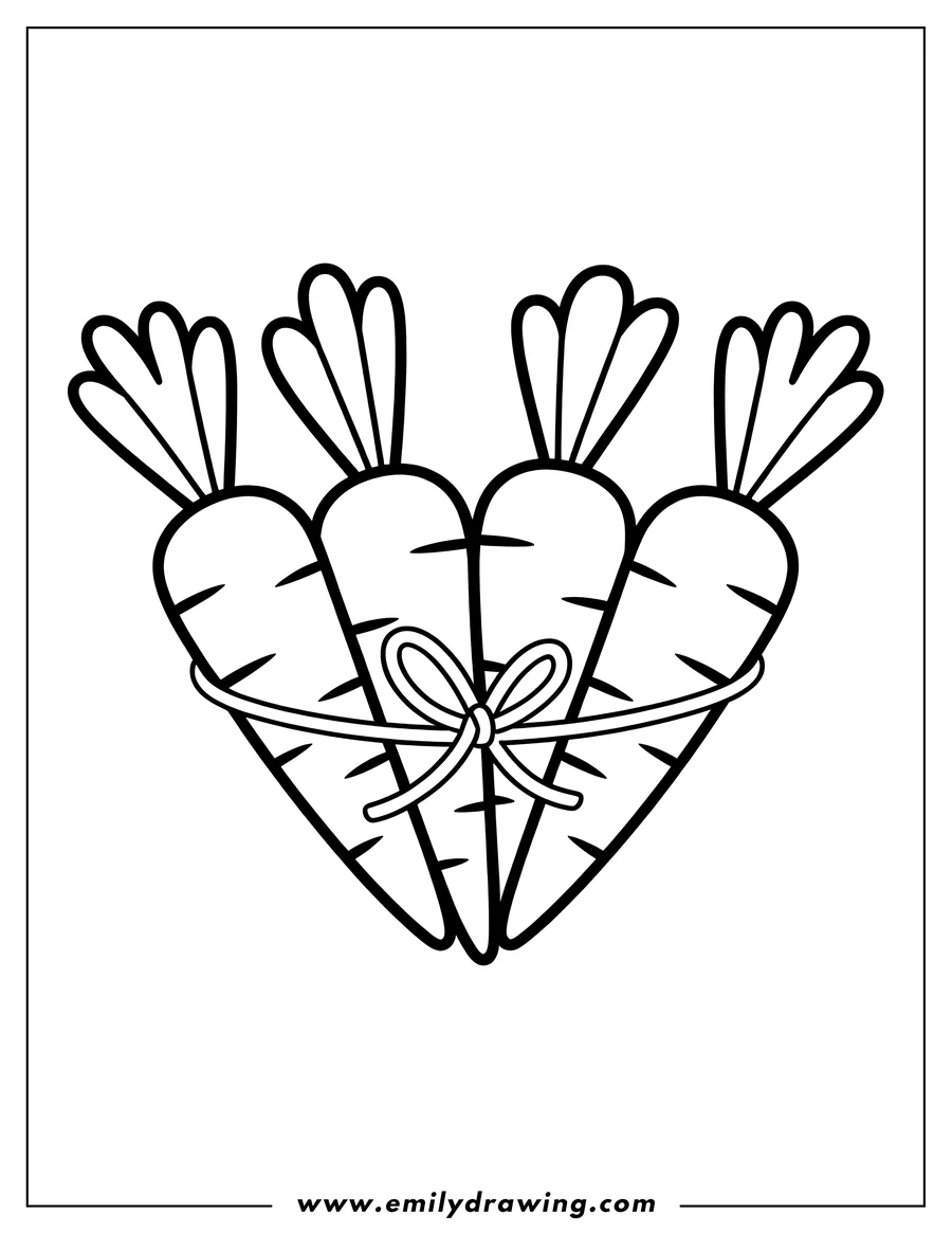Outline of four carrots tied together with a ribbon.