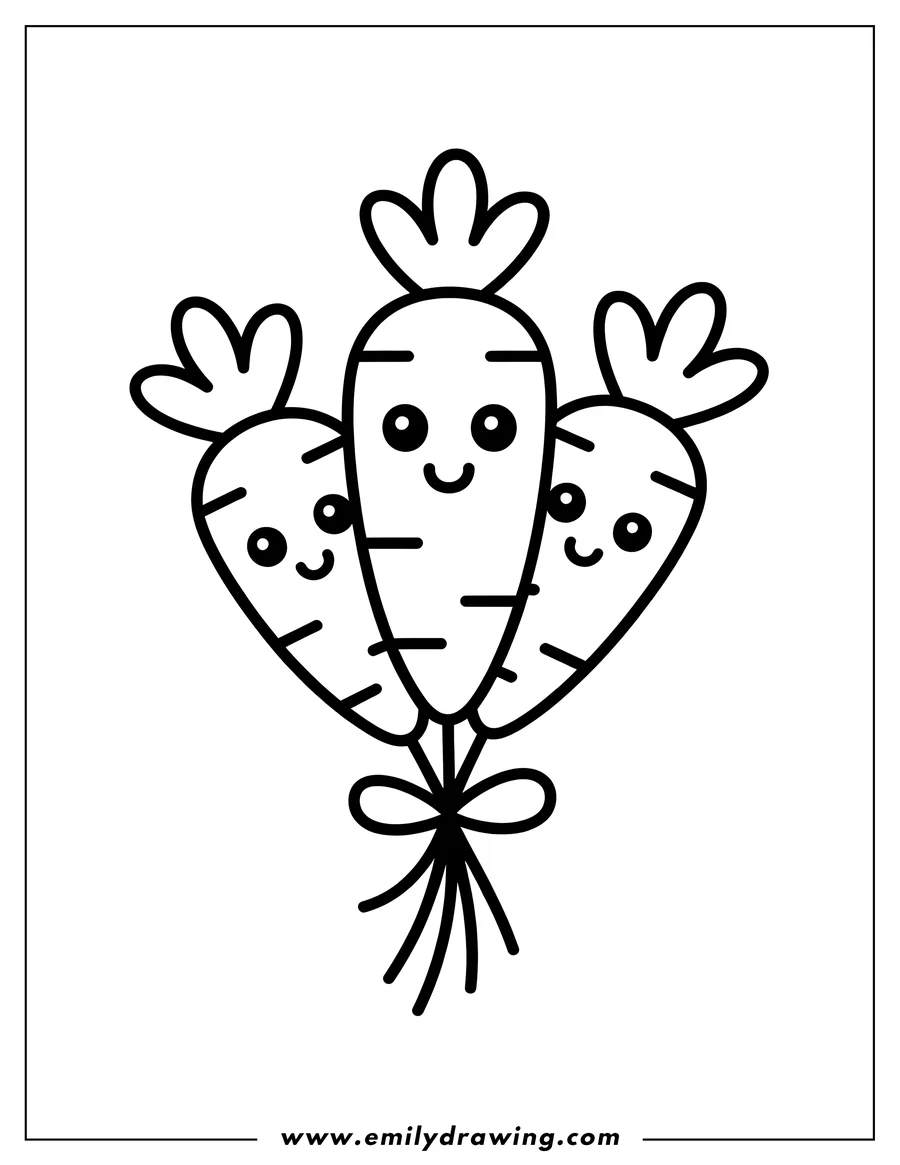 Outline of three carrots tied together with a bow. Each carrot has a cute, smiling face.