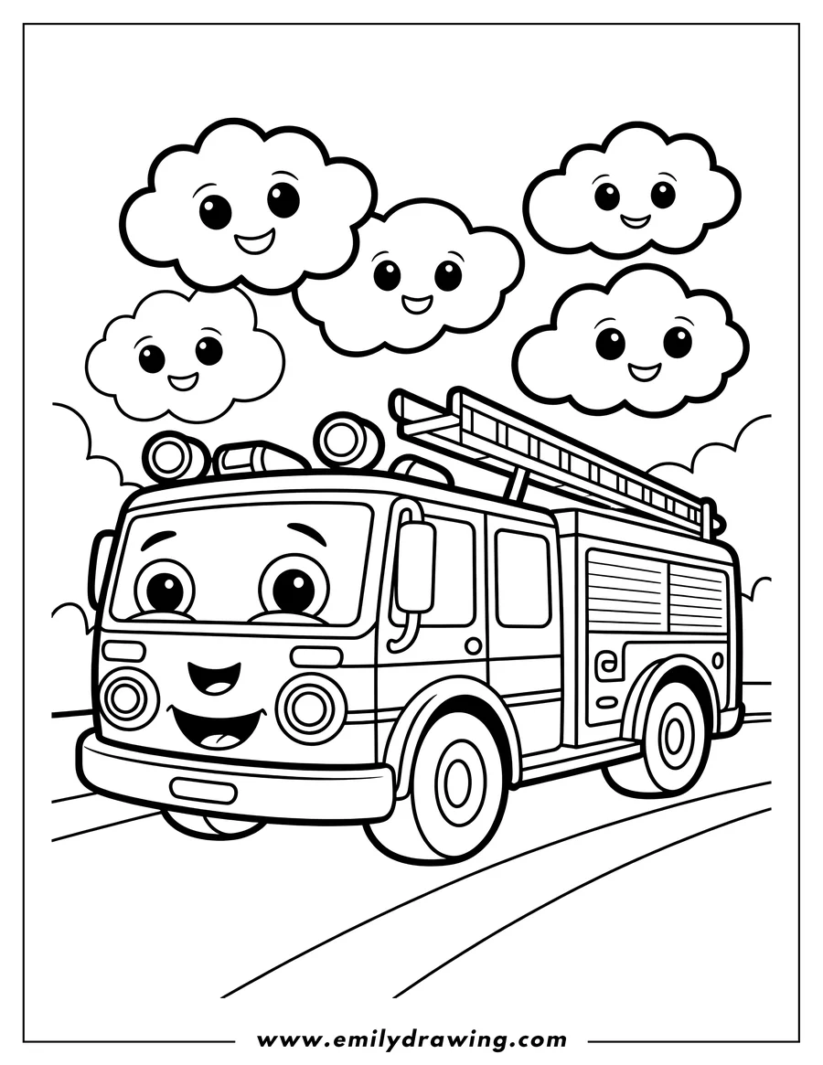 Outline of a friendly cartoon fire truck, depicted with a large smiling face, driving on a road. Five cheerful, smiling clouds float in the sky above the vehicle.
