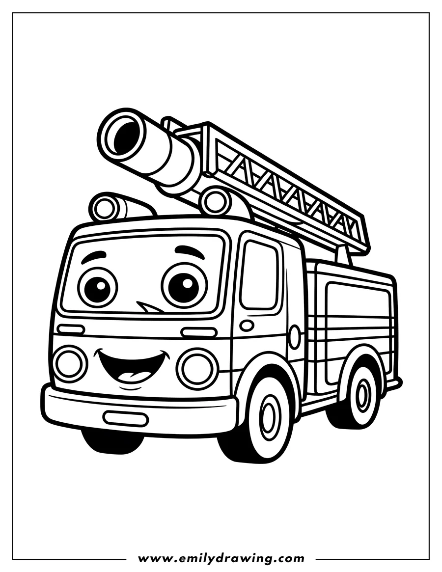 Outline of a friendly cartoon fire truck featuring a large smiling face on the cab, an extension ladder, and a water cannon nozzle on the roof.