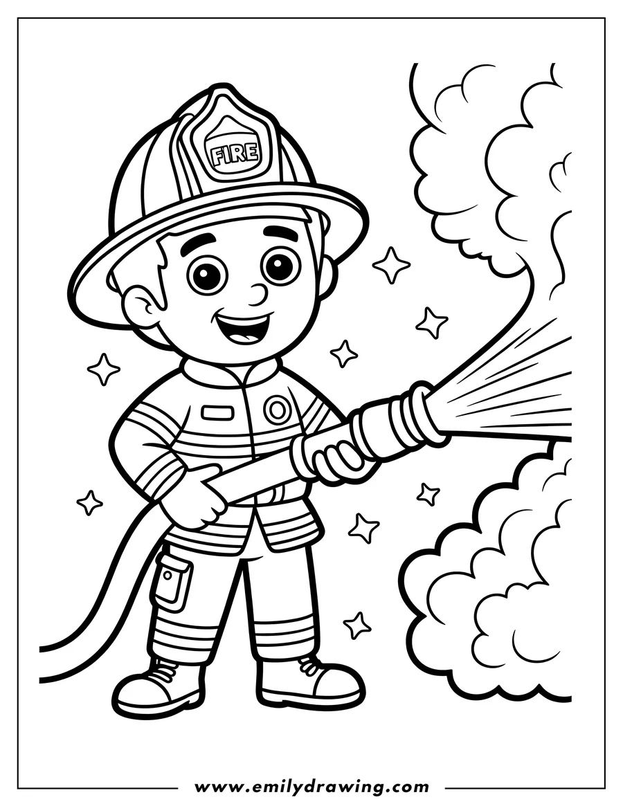 Outline of a friendly cartoon firefighter wearing a helmet and uniform, happily holding a fire hose and directing a stream of water toward a large cloud of smoke.