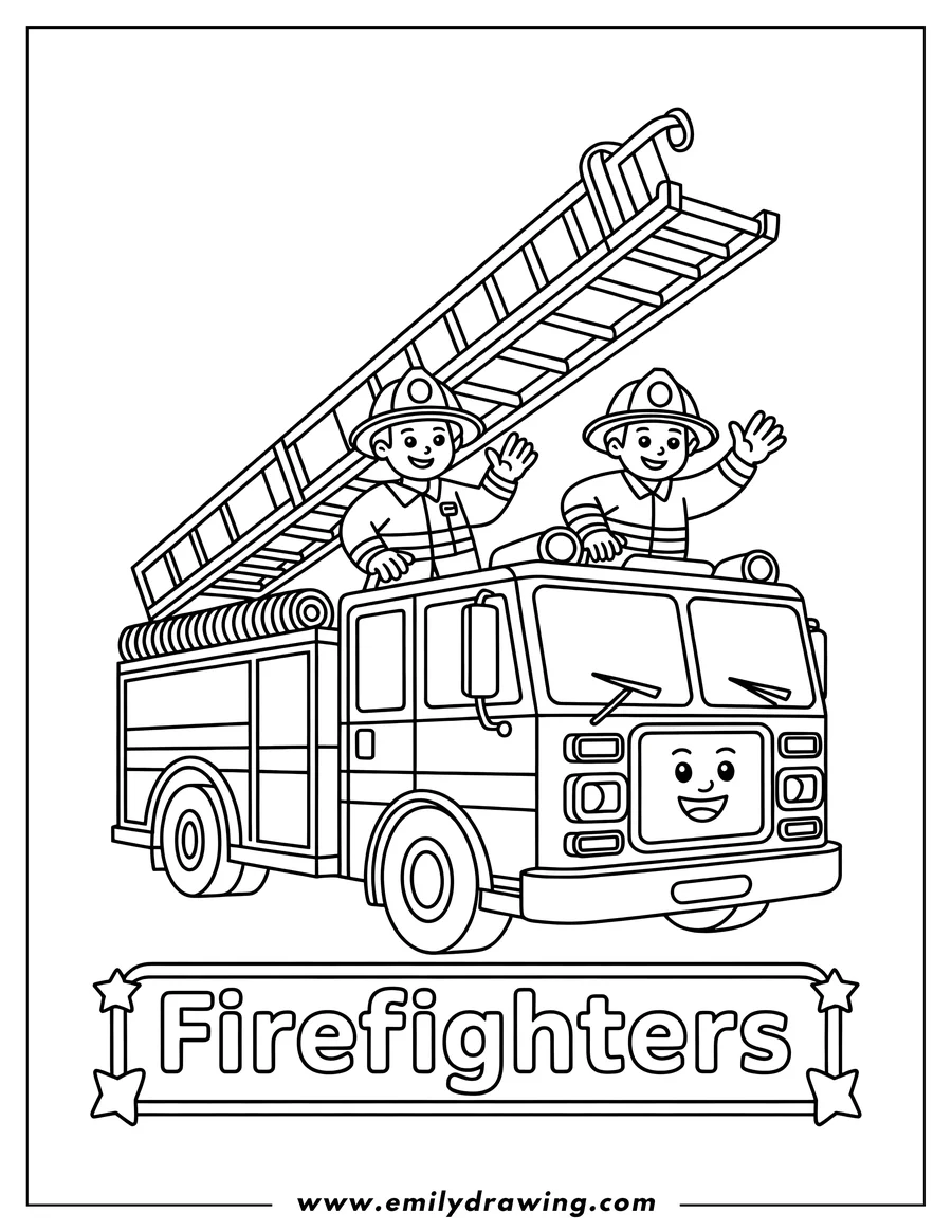 Line art featuring two cheerful cartoon firefighters in helmets waving while riding on a large fire truck. The fire truck has a smiling face and a large extended ladder on top.