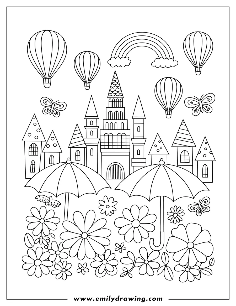 Outline of a whimsical scene featuring a castle, hot air balloons, umbrellas, flowers, butterflies, and a rainbow.