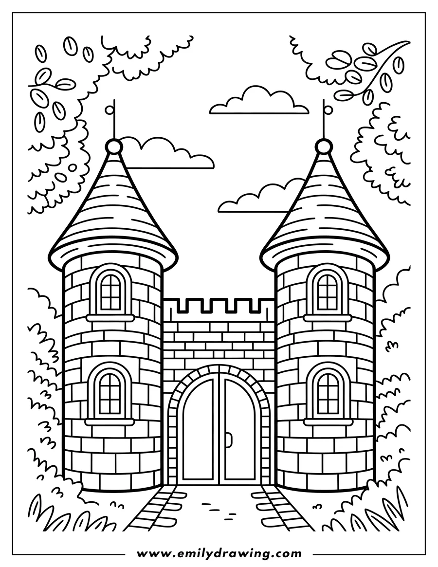 Line art of a castle with two towers, a gateway, and surrounding bushes.