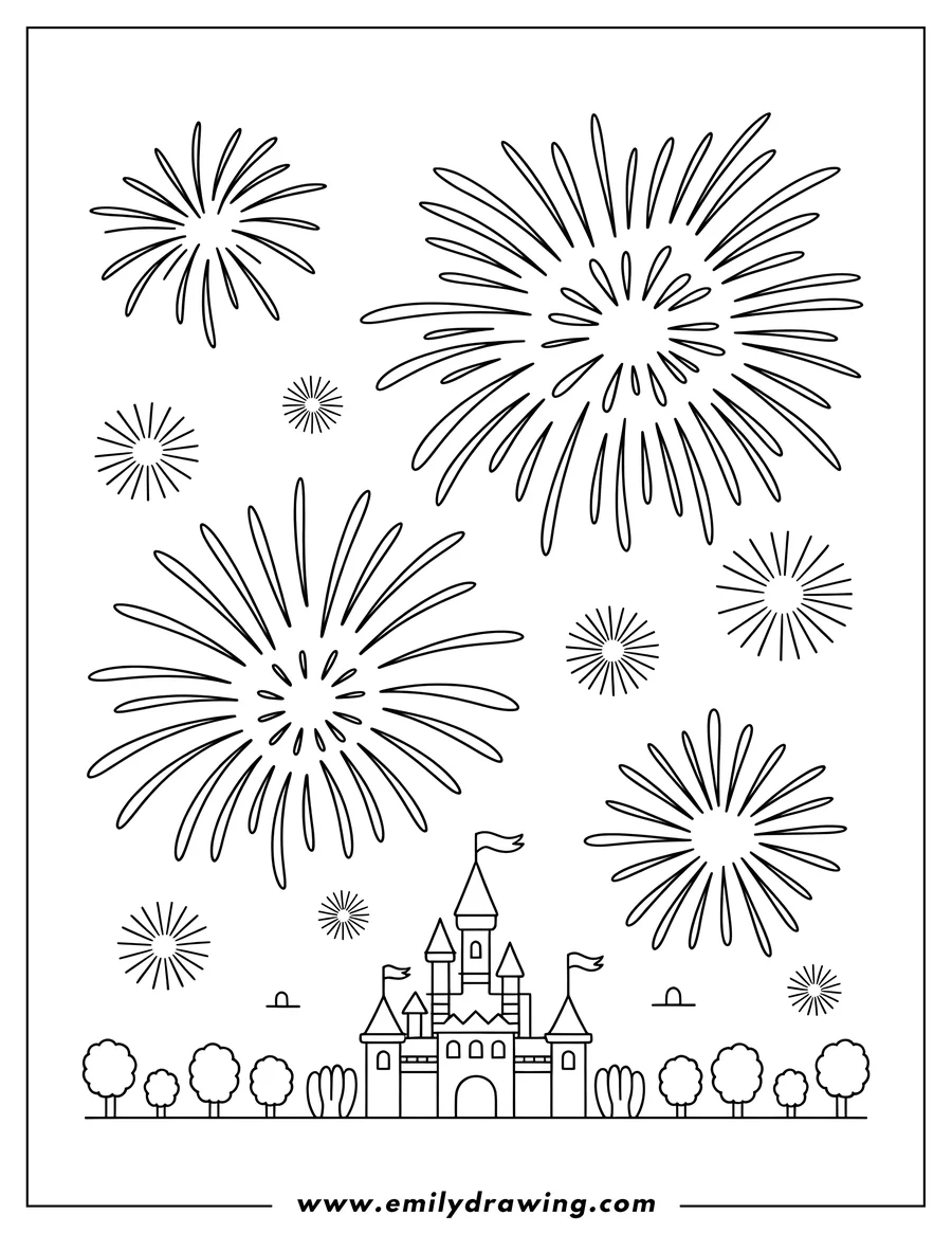 Line art of a castle with fireworks exploding in the night sky above it.