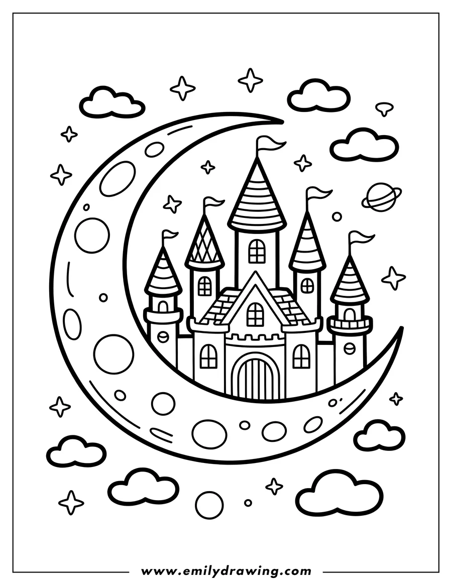 Outline of a castle sitting on a crescent moon, surrounded by stars, clouds, and a small planet.